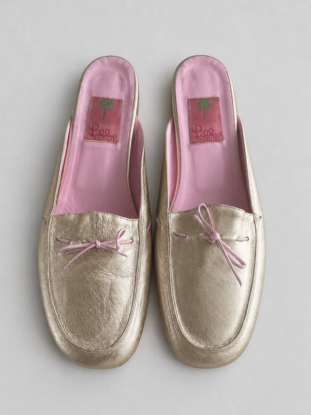 Lilly Pulitzer Metallic Gold Leather Mules with Pink Trim